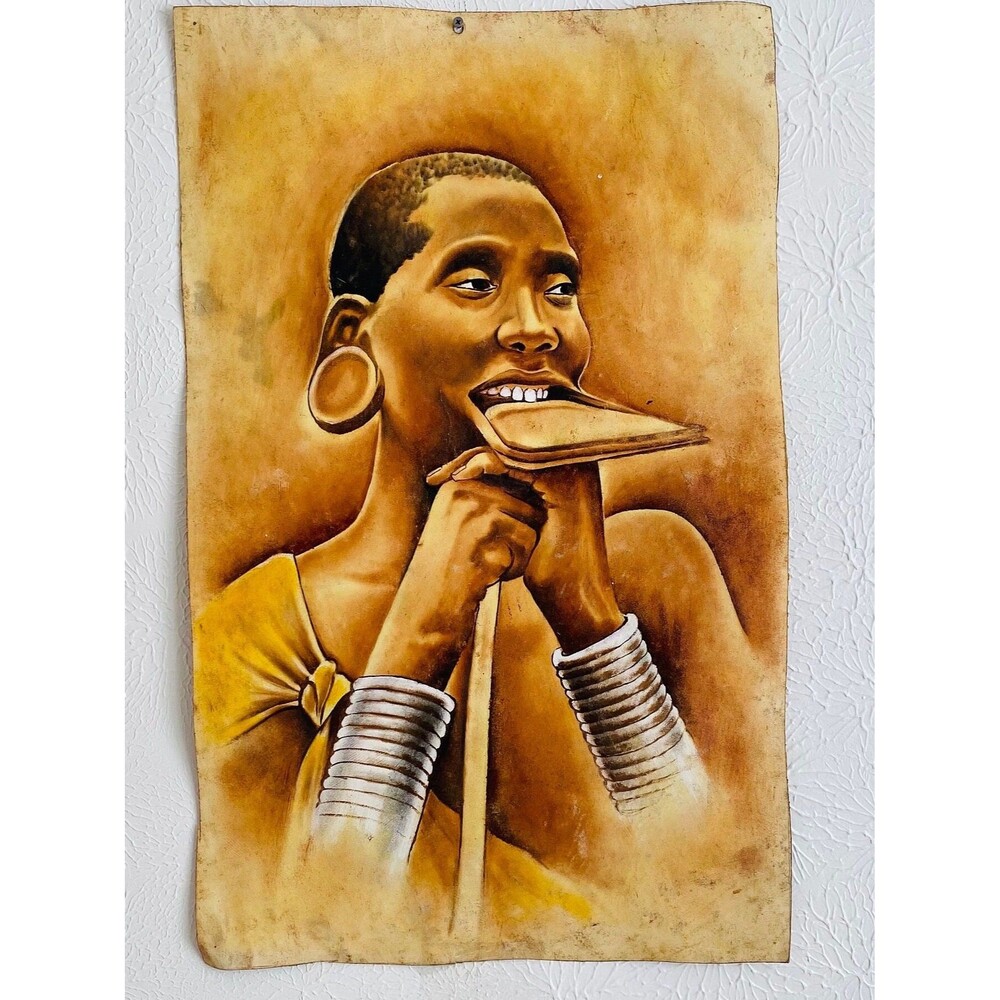 African painting art on raw leather original wall hanging portrait of a man trib